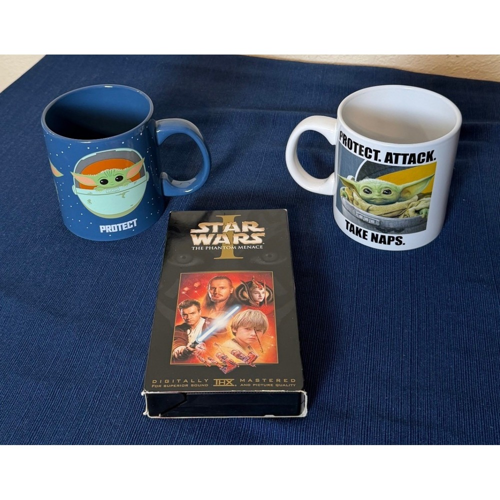 Star Wars Grogu Mugs & Phantom‎ Menace VHS Set 20oz Blue White Baby Yoda Bundle